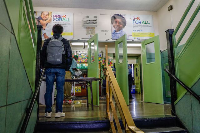 New York City schools conduct free food distribution to residents during the Coronavirus COVID-19 pandemic including at Jacob H. Schiff school in Manhattan.